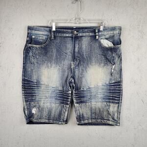 SP Essentials Shorts Mens 42 Blue Denim Slim Moto Biker Distressed Stretch Fade
